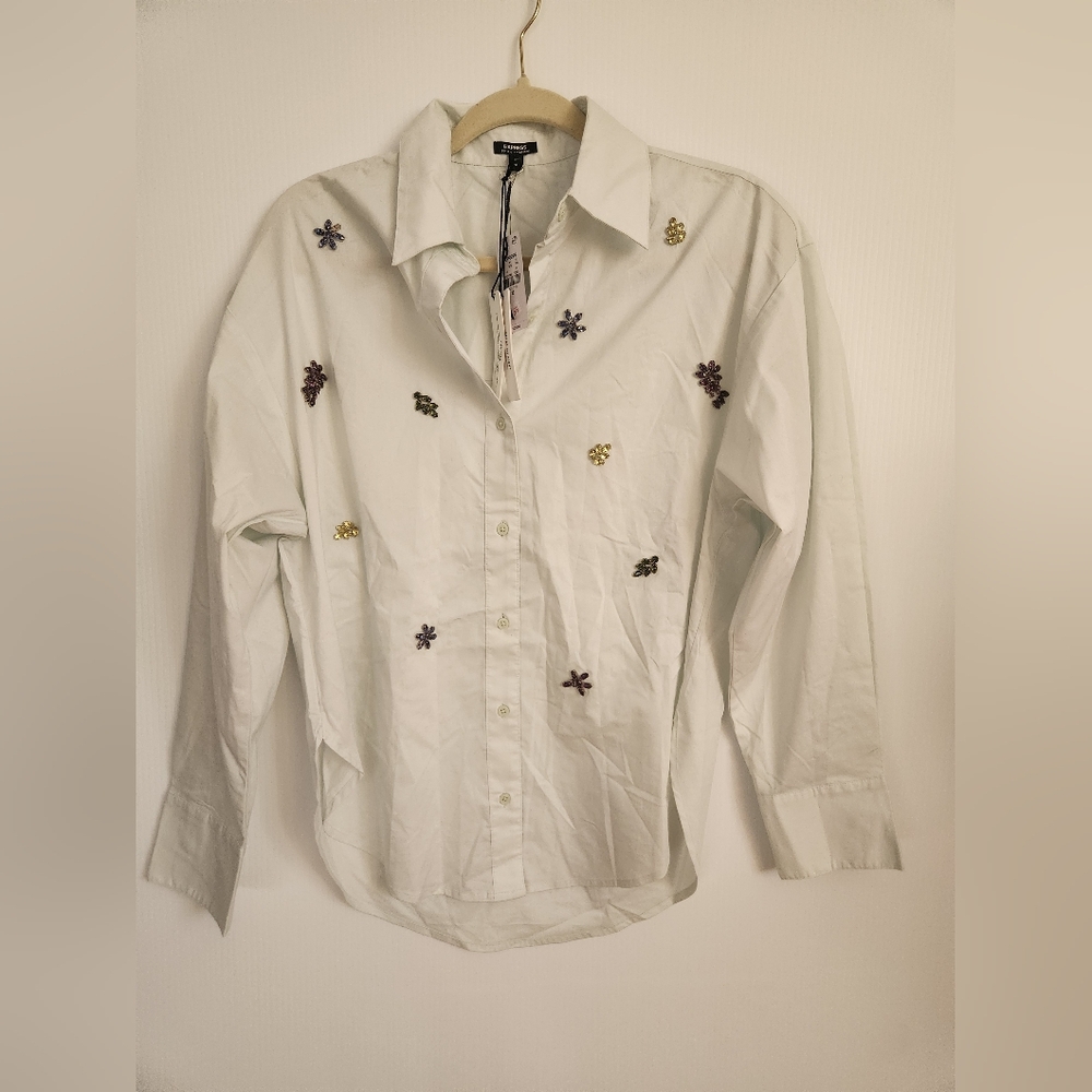 NWT Express Poplin Embellished Boyfriend Portofino Shirt Size XS
